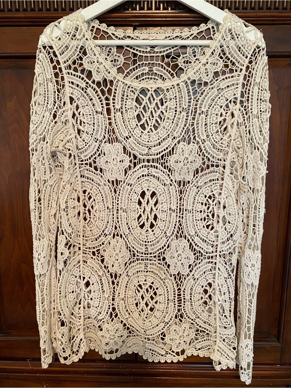 Lace 100% cotton pullover in ecru floral crochet lace tunic long sleeve Large